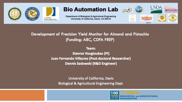 Title slide for the almond and pistachio yield monitor